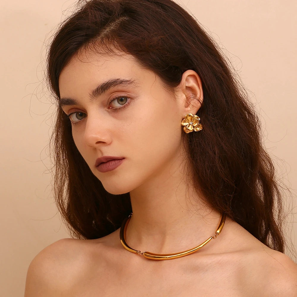 Ebbelle Brincos retrô de flor dupla camada, resistentes à água, acessórios de aço inoxidável 316L, joias banhadas a ouro 18K
