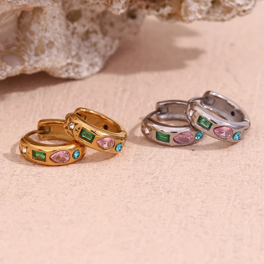 E.B.belle Brincos de argola de zircônia coloridos sem manchas brincos banhados a ouro 18K para mulheres joias de aço inoxidável 316L