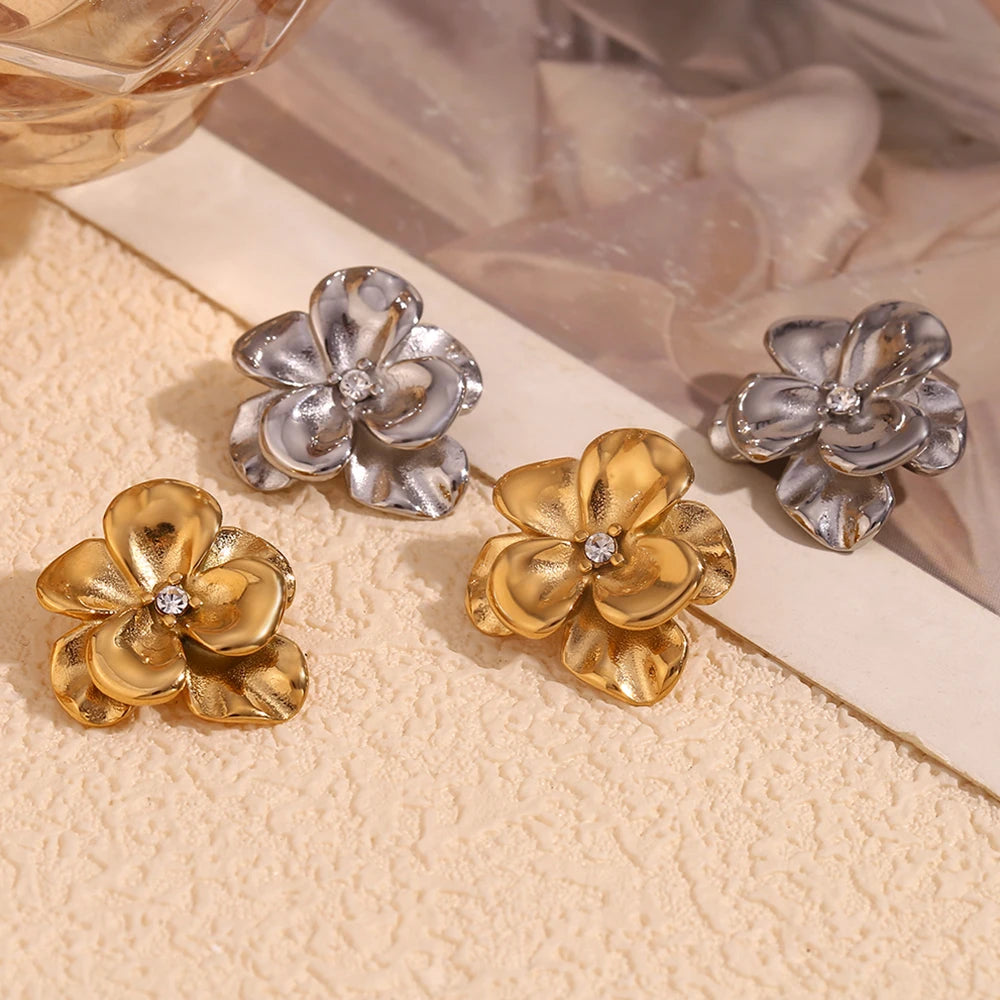 Ebbelle Brincos retrô de flor dupla camada, resistentes à água, acessórios de aço inoxidável 316L, joias banhadas a ouro 18K