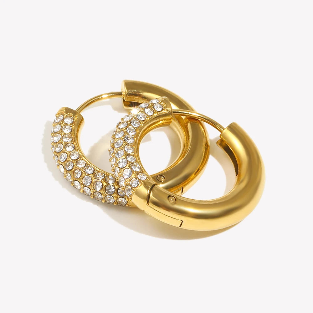E.B.belle Brincos circulares semi-incrustados de zircônia, cor prata, aço inoxidável 316L, brincos femininos, joias banhadas a ouro 18K