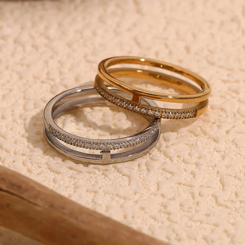 Ebbelle estilo minimalista dupla camada strass anel básico pilha jóias de aço inoxidável 18k banhado a ouro para meninas festa