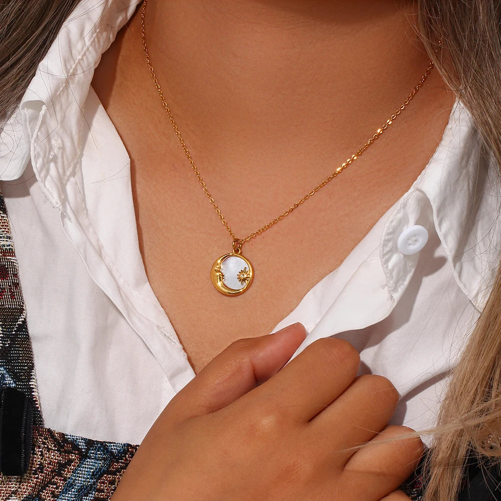 Ebbelle natural mãe de pérola fundição lua estrela círculo moeda colar para mulher 18k banhado a ouro jóias de aço inoxidável
