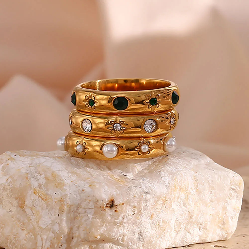 Ebbelle 18K banhado a ouro verde zircão pérola anéis para mulheres à prova d'água hipoalergênico delicado anel de ouro joias de aço inoxidável