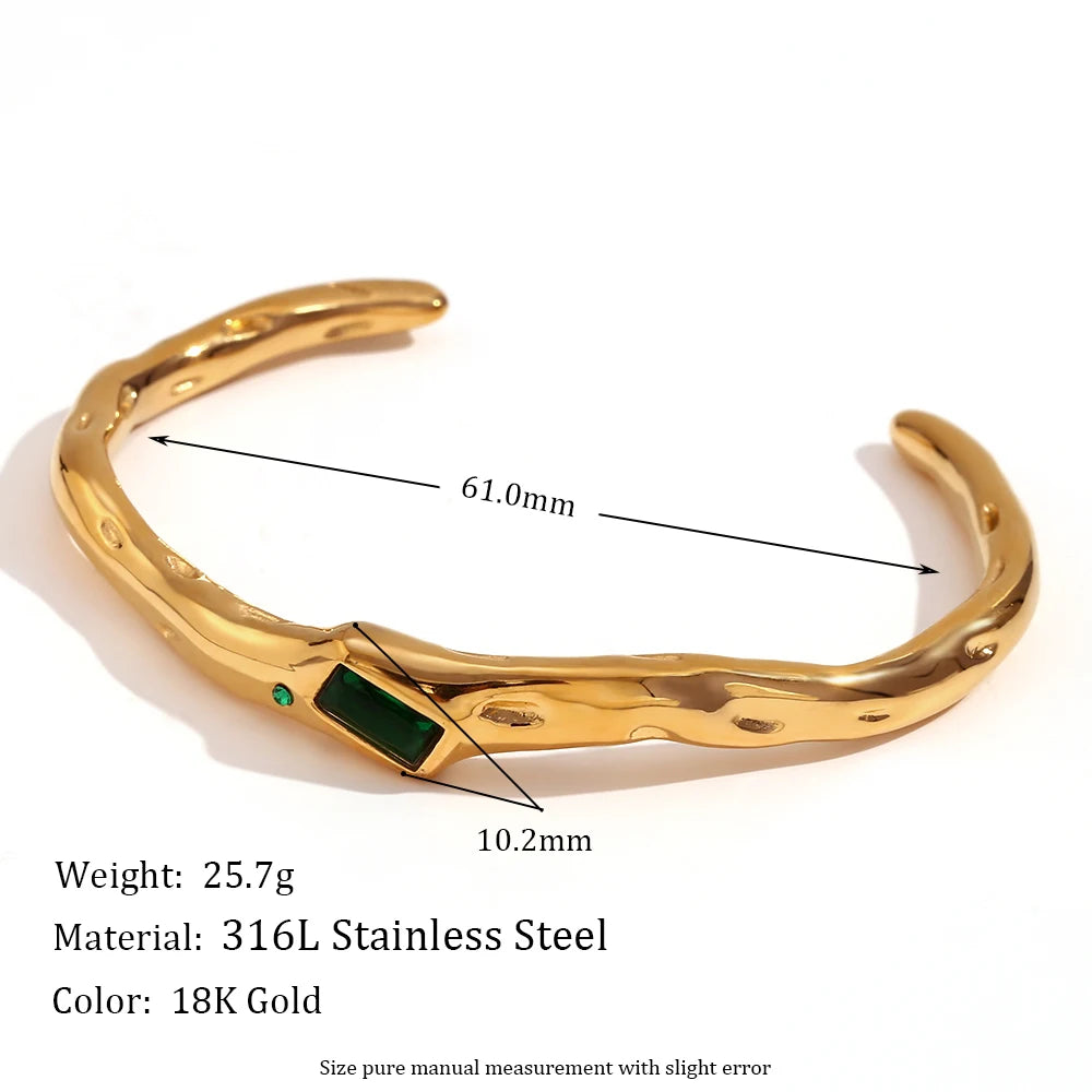 Ebbelle Pulseira de zircão retangular de abertura irregular 18K banhada a ouro cor verde pulseiras de mão femininas de aço inoxidável 316L