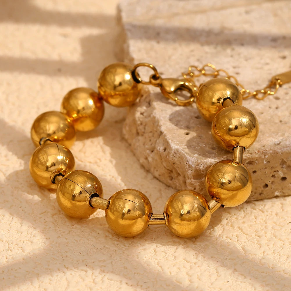 Ebbelle estilo clássico banhado a ouro contas redondas pulseira de aço inoxidável brilhante hipoalergênico à prova d'água joias femininas