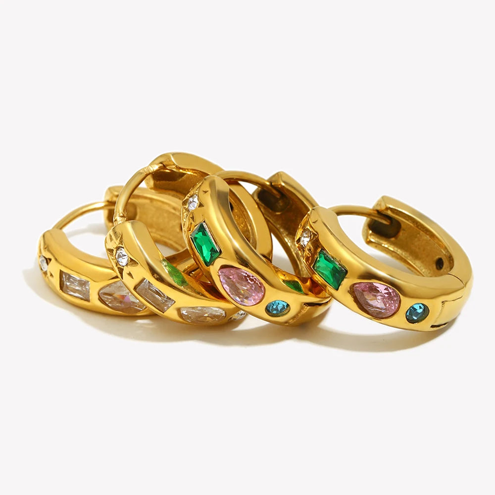 E.B.belle Brincos de argola de zircônia coloridos sem manchas brincos banhados a ouro 18K para mulheres joias de aço inoxidável 316L