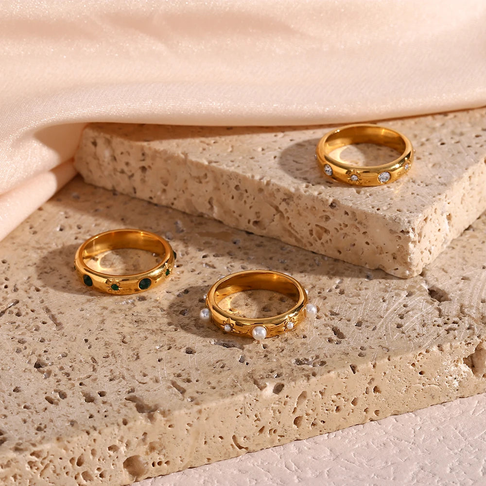 Ebbelle 18K banhado a ouro verde zircão pérola anéis para mulheres à prova d'água hipoalergênico delicado anel de ouro joias de aço inoxidável