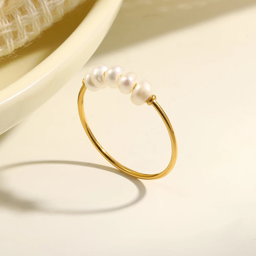 Eb.belle anéis de pérolas de água doce banhados a ouro de aço inoxidável para mulheres acessórios para mujer bagues acier inoxydables femmes