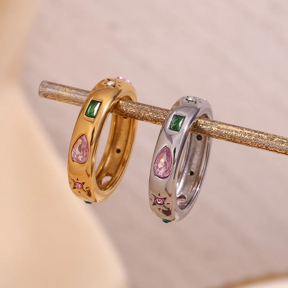E.B.belle Anel retangular de gota de água com zircão geométrico hipoalergênico 18K banhado a ouro decoração de aço inoxidável 316L