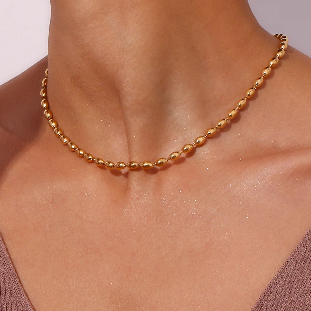 Ebbelle Colares de contas ovais banhados a ouro 18K de aço inoxidável Gargantilha diária Colares Acessórios de joias da moda para mulheres