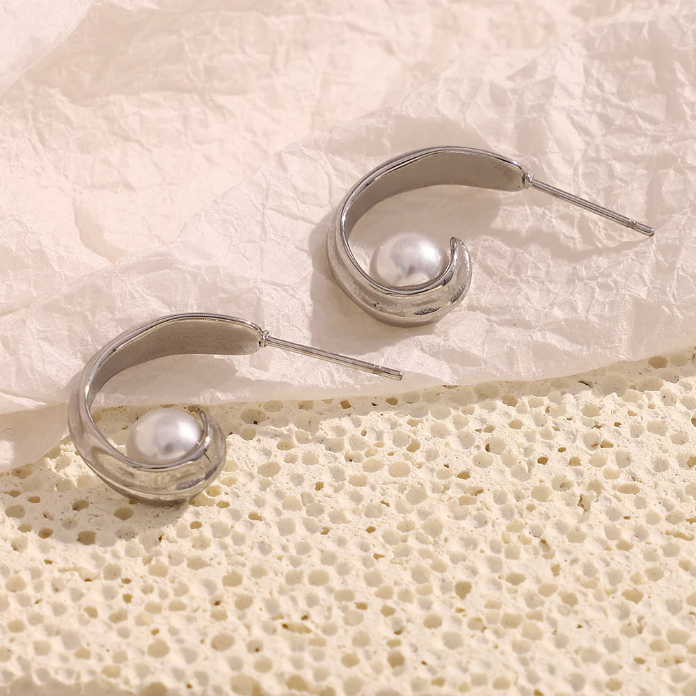 Ebbelle moda craetive clipe em forma de c pérola brinco 18k banhado a ouro aço inoxidável festa feminino orelha jóias presente