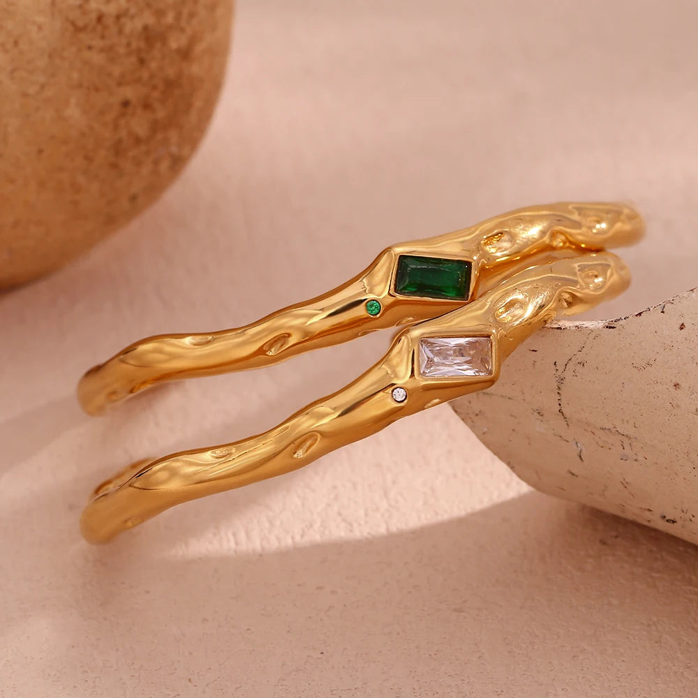 Ebbelle Pulseira de zircão retangular de abertura irregular 18K banhada a ouro cor verde pulseiras de mão femininas de aço inoxidável 316L