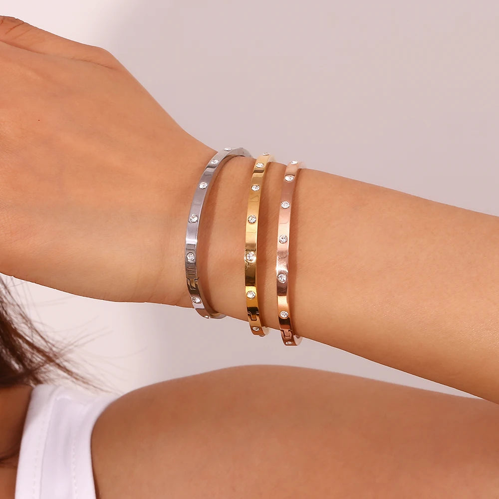 E.B.belle Pulseira com fivela de zircônia pontilhada, resistente à água, pulseira de aço inoxidável 316L para mulheres, joias banhadas a ouro 18K