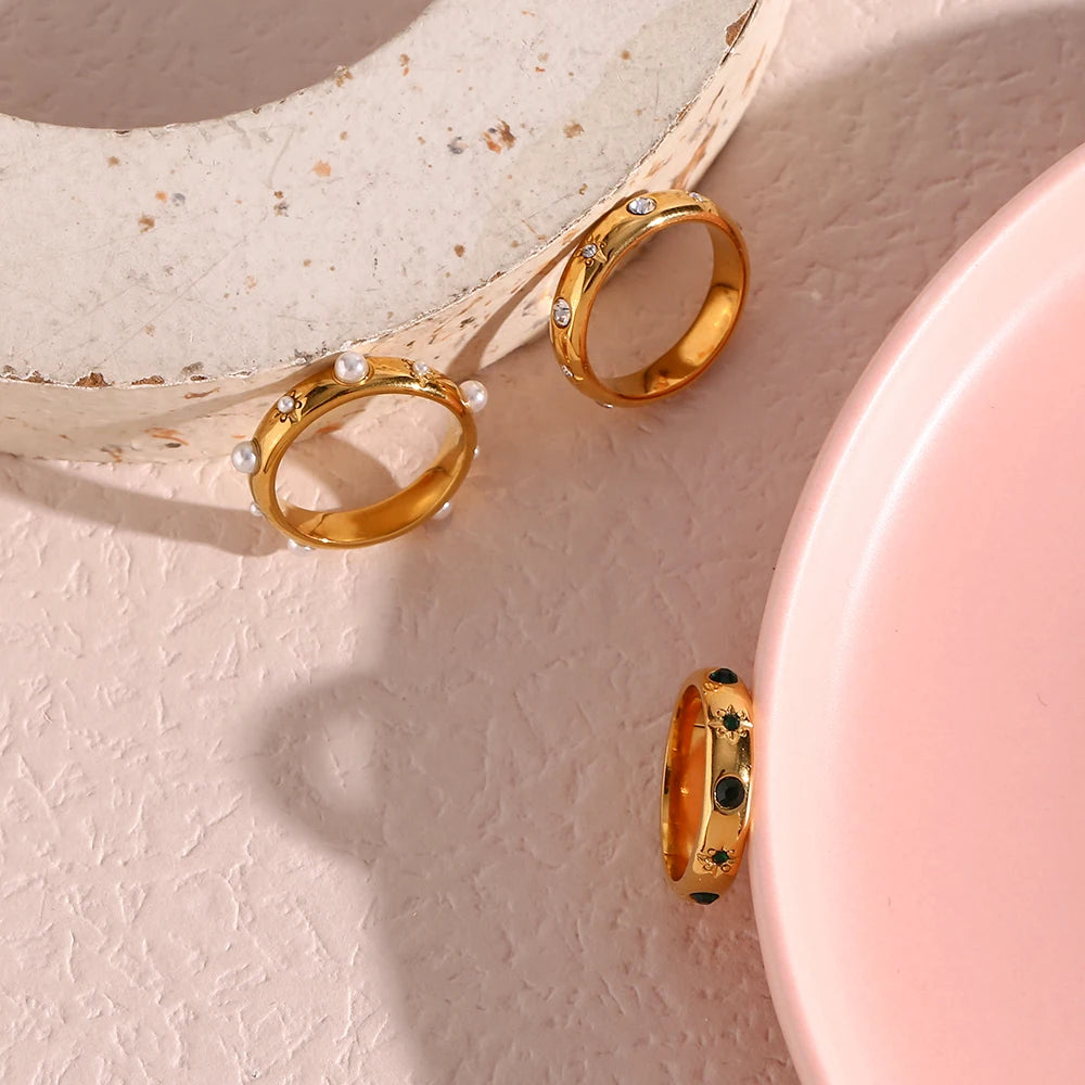Ebbelle 18K banhado a ouro verde zircão pérola anéis para mulheres à prova d'água hipoalergênico delicado anel de ouro joias de aço inoxidável