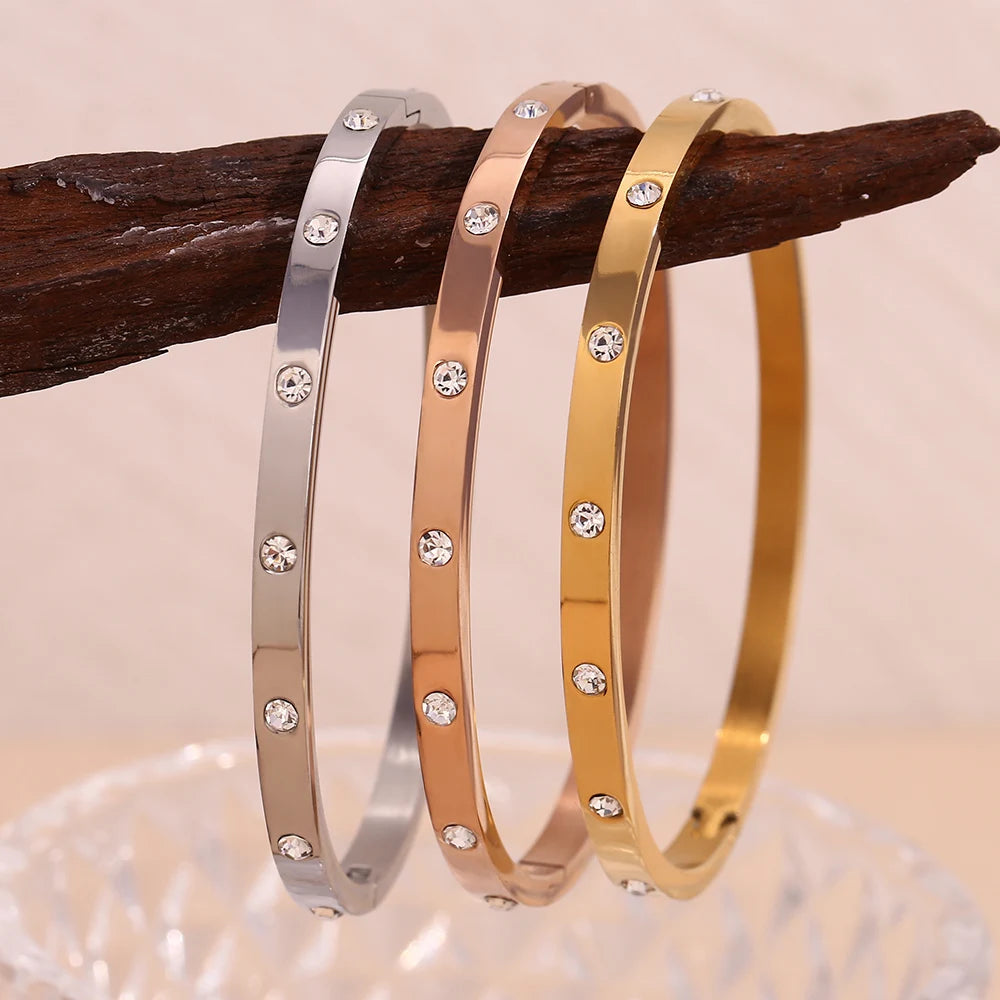 E.B.belle Pulseira com fivela de zircônia pontilhada, resistente à água, pulseira de aço inoxidável 316L para mulheres, joias banhadas a ouro 18K