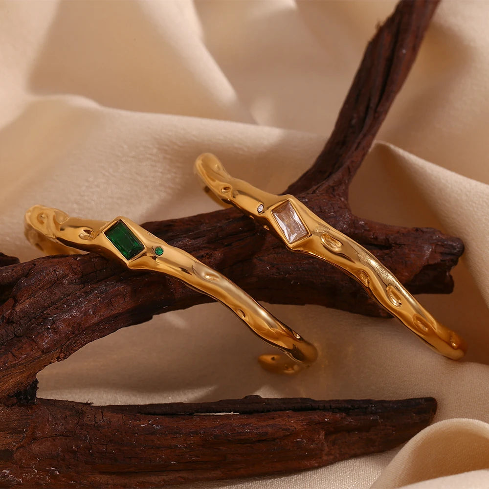 Ebbelle Pulseira de zircão retangular de abertura irregular 18K banhada a ouro cor verde pulseiras de mão femininas de aço inoxidável 316L