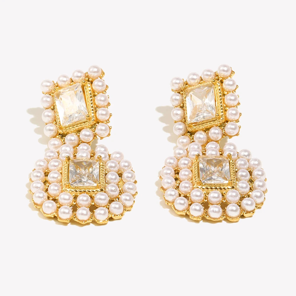 Ebbelle moda 18k banhado a ouro luxo emendado quadrado zircão completo pérola brincos feminino festa chique jóias não manchado