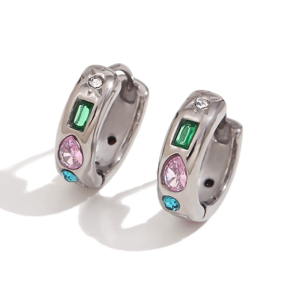 E.B.belle Brincos de argola de zircônia coloridos sem manchas brincos banhados a ouro 18K para mulheres joias de aço inoxidável 316L