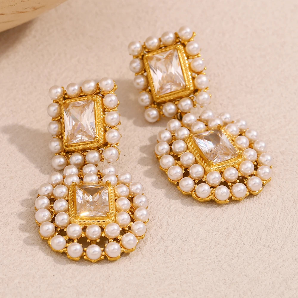 Ebbelle moda 18k banhado a ouro luxo emendado quadrado zircão completo pérola brincos feminino festa chique jóias não manchado
