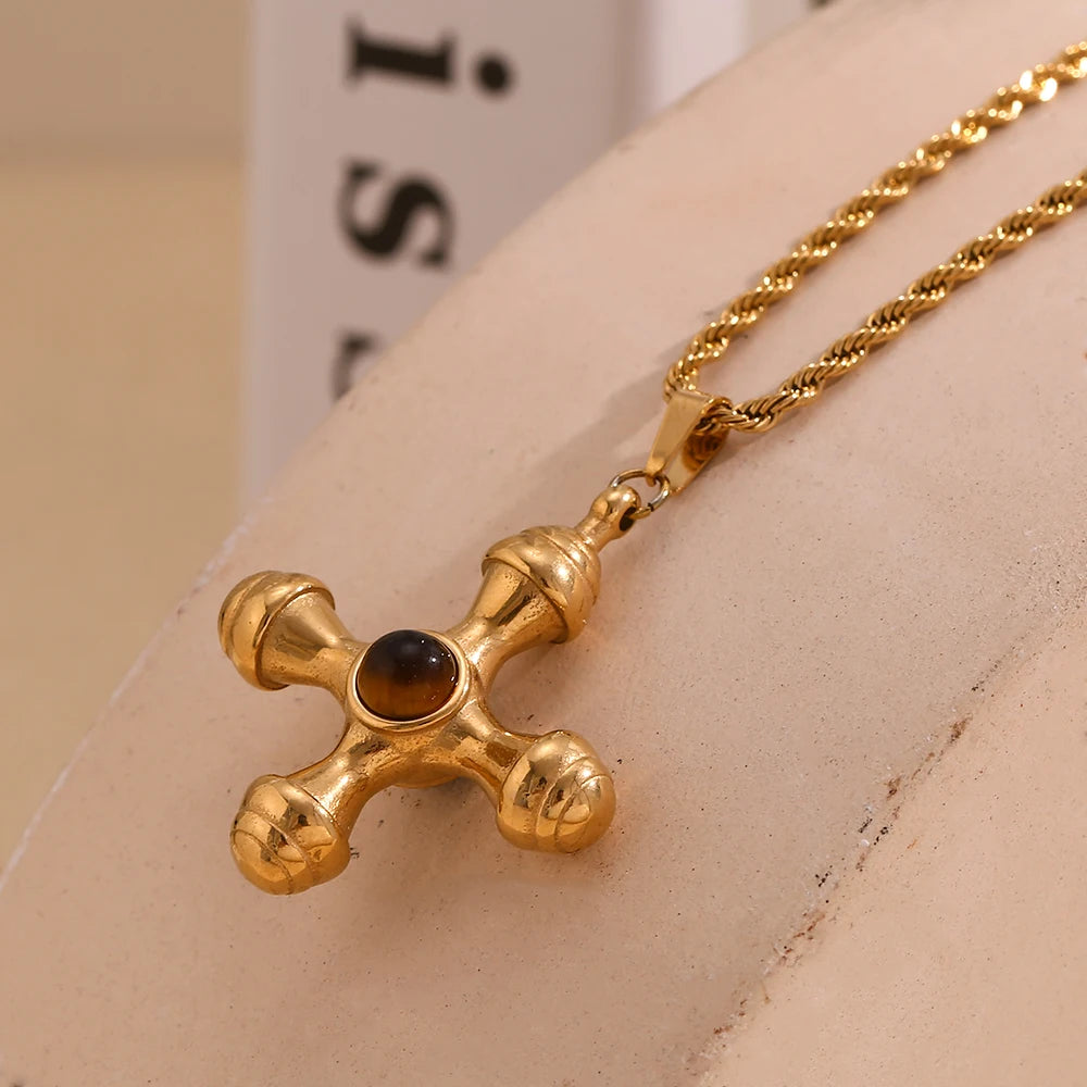 E.B. Belle-Ágata Leme Forma Colar Pingente, 18K banhado a ouro, aço inoxidável, Twists Cadeia, Pedra Natural, Cor Marrom